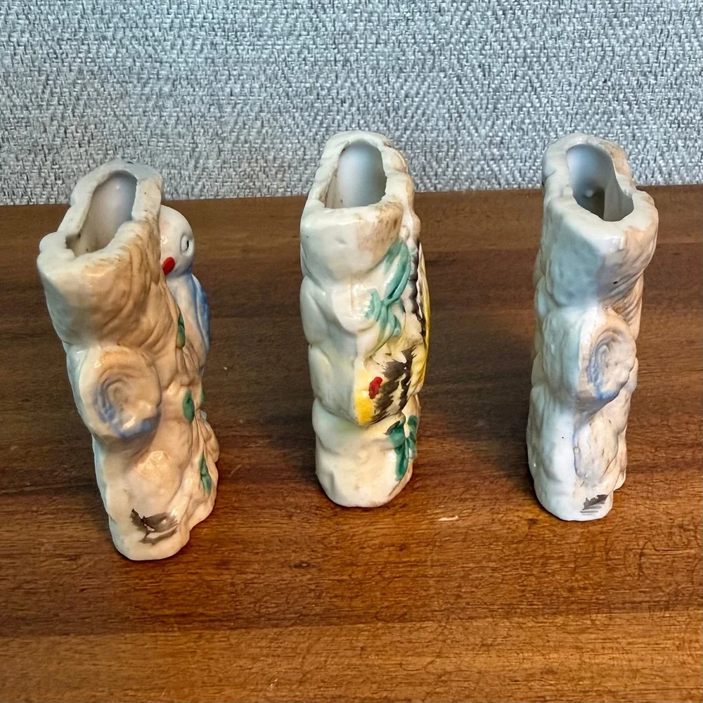 1950s MCM Kitsch Mini Ceramic Bird Bud Vases Set of 3 Chinoiserie Fairycore RARE